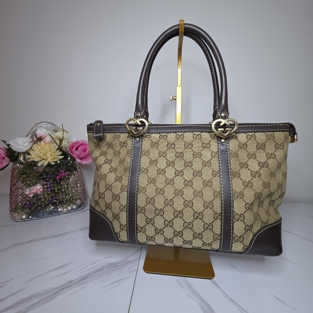 Gucci Brown GG Canvas | Top-Handle Satchel | GG Interlocking Hearts | RARE FIND